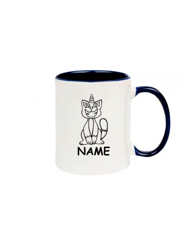 Kaffeepott lustige Tiere mit Wunschnamen Einhornkatze, Einhorn, Katze, blau