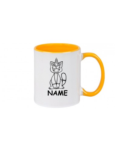 Kaffeepott lustige Tiere mit Wunschnamen Einhornkatze, Einhorn, Katze, gelb