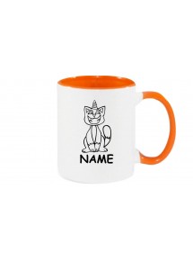 Kaffeepott lustige Tiere mit Wunschnamen Einhornkatze, Einhorn, Katze, orange