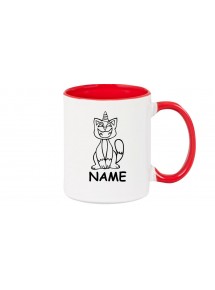 Kaffeepott lustige Tiere mit Wunschnamen Einhornkatze, Einhorn, Katze, rot