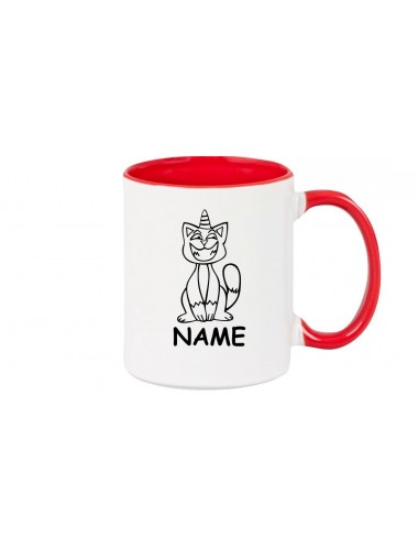 Kaffeepott lustige Tiere mit Wunschnamen Einhornkatze, Einhorn, Katze, rot