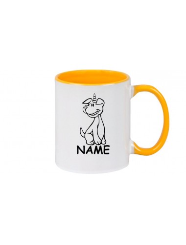 Kaffeepott lustige Tiere mit Wunschnamen Einhornhund, Einhorn, Hund, gelb