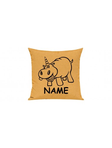 Sofa Kissen lustige Tiere mit Wunschnamen Einhornnilpferd, Einhorn, Nilpferd, gelb