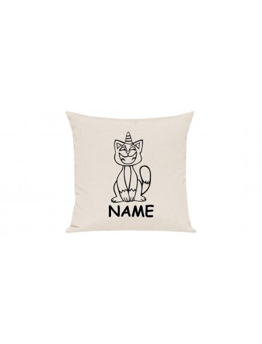Sofa Kissen lustige Tiere mit Wunschnamen Einhornkatze, Einhorn, Katze, creme