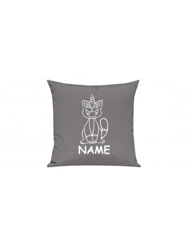 Sofa Kissen lustige Tiere mit Wunschnamen Einhornkatze, Einhorn, Katze, grau