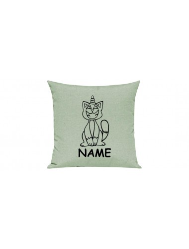 Sofa Kissen lustige Tiere mit Wunschnamen Einhornkatze, Einhorn, Katze, pastellgruen