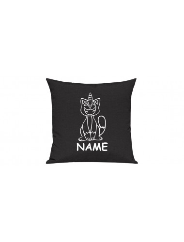 Sofa Kissen lustige Tiere mit Wunschnamen Einhornkatze, Einhorn, Katze, schwarz