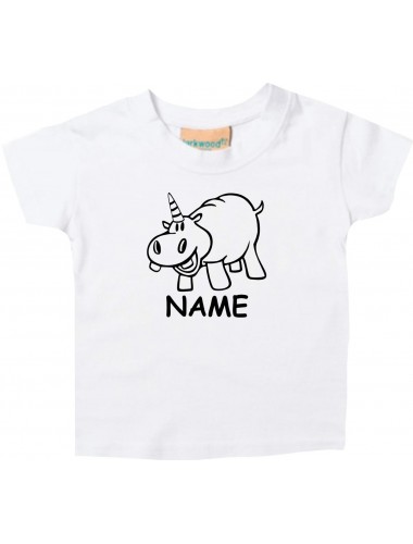 Kinder T-Shirt lustige Tiere mit Wunschnamen Einhornnilpferd, Einhorn, Nilpferd weiss, 0-6 Monate