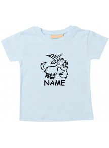 Kinder T-Shirt lustige Tiere mit Wunschnamen Einhornziege, Einhorn, Ziege hellblau, 0-6 Monate