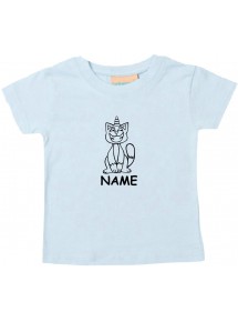Kinder T-Shirt lustige Tiere mit Wunschnamen Einhornkatze, Einhorn, Katze hellblau, 0-6 Monate