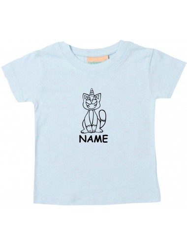 Kinder T-Shirt lustige Tiere mit Wunschnamen Einhornkatze, Einhorn, Katze hellblau, 0-6 Monate