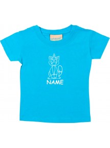 Kinder T-Shirt lustige Tiere mit Wunschnamen Einhornkatze, Einhorn, Katze tuerkis, 0-6 Monate