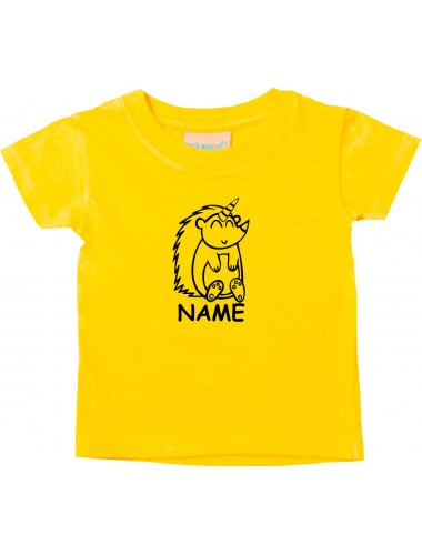 Kinder T-Shirt lustige Tiere mit Wunschnamen Einhornigel, Einhorn, Igel gelb, 0-6 Monate