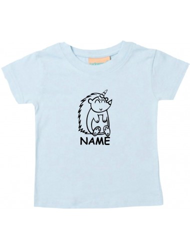 Kinder T-Shirt lustige Tiere mit Wunschnamen Einhornigel, Einhorn, Igel hellblau, 0-6 Monate