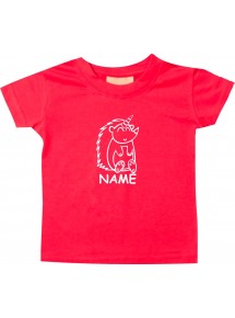 Kinder T-Shirt lustige Tiere mit Wunschnamen Einhornigel, Einhorn, Igel rot, 0-6 Monate