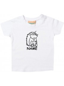 Kinder T-Shirt lustige Tiere mit Wunschnamen Einhornigel, Einhorn, Igel weiss, 0-6 Monate