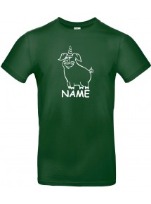 Kinder-Shirt lustige Tiere mit Wunschnamen Einhornschwein, Einhorn, Schwein, Ferkel, dunkelgruen, 104