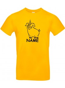 Kinder-Shirt lustige Tiere mit Wunschnamen Einhornschwein, Einhorn, Schwein, Ferkel, gelb, 104