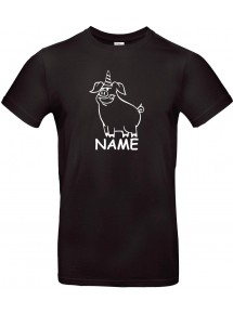 Kinder-Shirt lustige Tiere mit Wunschnamen Einhornschwein, Einhorn, Schwein, Ferkel, schwarz, 104