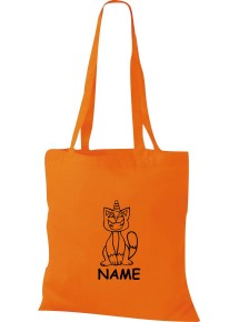 Stoffbeutel lustige Tiere mit Wunschnamen Einhornkatze, Einhorn, Katze, orange
