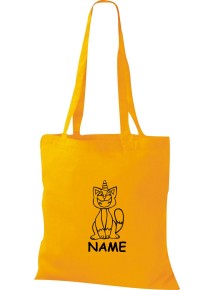 Stoffbeutel lustige Tiere mit Wunschnamen Einhornkatze, Einhorn, Katze, gelb