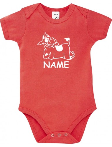 Baby Body lustige Tiere mit Wunschnamen Einhornkuh, Einhorn, Kuh , rot, 12-18 Monate