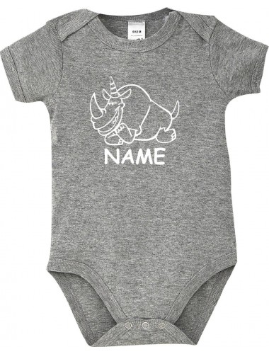 Baby Body lustige Tiere mit Wunschnamen Einhornnashorn, Einhorn, Nashorn, grau, 12-18 Monate