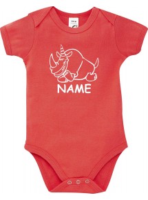 Baby Body lustige Tiere mit Wunschnamen Einhornnashorn, Einhorn, Nashorn, rot, 12-18 Monate