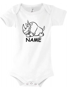 Baby Body lustige Tiere mit Wunschnamen Einhornnashorn, Einhorn, Nashorn, weiss, 12-18 Monate