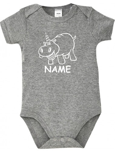 Baby Body lustige Tiere mit Wunschnamen Einhornnilpferd, Einhorn, Nilpferd, grau, 12-18 Monate