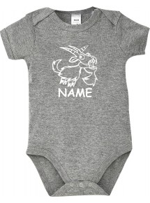 Baby Body lustige Tiere mit Wunschnamen Einhornziege, Einhorn, Ziege, grau, 12-18 Monate