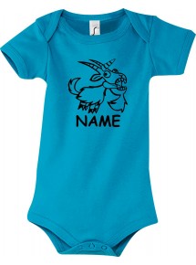 Baby Body lustige Tiere mit Wunschnamen Einhornziege, Einhorn, Ziege, hellblau, 12-18 Monate