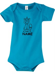 Baby Body lustige Tiere mit Wunschnamen Einhornkatze, Einhorn, Katze, hellblau, 12-18 Monate