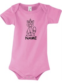 Baby Body lustige Tiere mit Wunschnamen Einhornkatze, Einhorn, Katze, rosa, 12-18 Monate