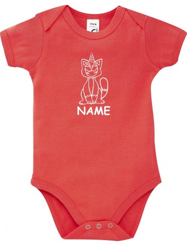Baby Body lustige Tiere mit Wunschnamen Einhornkatze, Einhorn, Katze, rot, 12-18 Monate