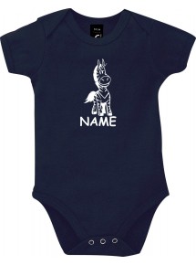 Baby Body lustige Tiere mit Wunschnamen Einhornzebra, Einhorn, Zebra, blau, 12-18 Monate