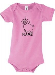 Baby Body lustige Tiere mit Wunschnamen Einhornschwein, Einhorn, Schwein, Ferkel, rosa, 12-18 Monate