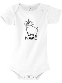 Baby Body lustige Tiere mit Wunschnamen Einhornschwein, Einhorn, Schwein, Ferkel, weiss, 12-18 Monate