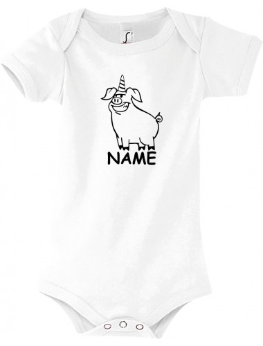 Baby Body lustige Tiere mit Wunschnamen Einhornschwein, Einhorn, Schwein, Ferkel, weiss, 12-18 Monate