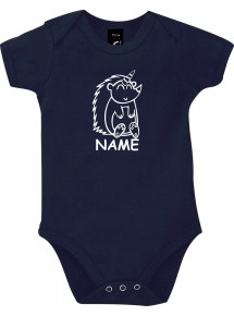 Baby Body lustige Tiere mit Wunschnamen Einhornigel, Einhorn, Igel, blau, 12-18 Monate