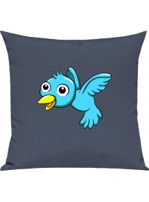 Kinder Kissen, Vogel Spatz Bird Tiere Tier Natur, Kuschelkissen Couch Deko, Farbe blau