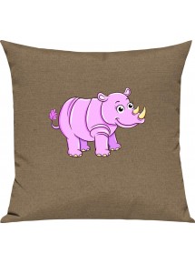 Kinder Kissen, Nashorn Rhino Tiere Tier Natur, Kuschelkissen Couch Deko, Farbe hellbraun