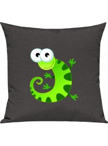 Kinder Kissen, Gecko Leguan Eidechse Tiere Tier Natur, Kuschelkissen Couch Deko, Farbe dunkelgrau