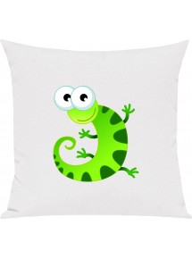 Kinder Kissen, Gecko Leguan Eidechse Tiere Tier Natur, Kuschelkissen Couch Deko, Farbe weiss
