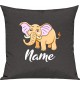 Kinder Kissen, Elefant Elephant mit Wunschnamen Tiere Tier Natur, Kuschelkissen Couch Deko, Farbe dunkelgrau