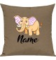Kinder Kissen, Elefant Elephant mit Wunschnamen Tiere Tier Natur, Kuschelkissen Couch Deko, Farbe hellbraun