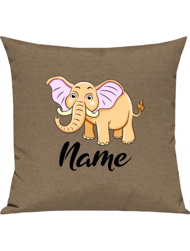 Kinder Kissen, Elefant Elephant mit Wunschnamen Tiere Tier Natur, Kuschelkissen Couch Deko, Farbe hellbraun