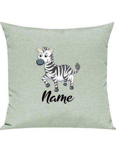Kinder Kissen, Zebra mit Wunschnamen Tiere Tier Natur, Kuschelkissen Couch Deko, Farbe pastellgruen