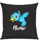 Kinder Kissen, Vogel Spatz Bird mit Wunschnamen Tiere Tier Natur, Kuschelkissen Couch Deko, Farbe schwarz