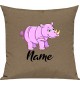 Kinder Kissen, Nashorn Rhino mit Wunschnamen Tiere Tier Natur, Kuschelkissen Couch Deko, Farbe hellbraun